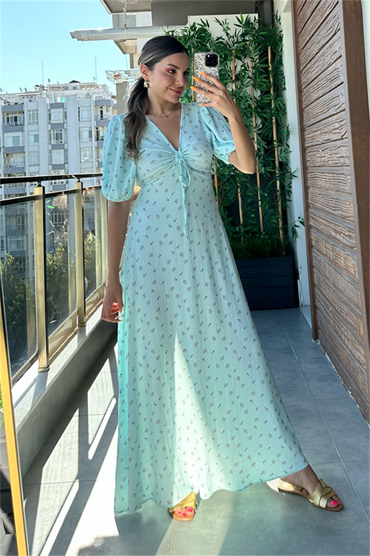 Papaya su yeşil çiçekli çıtır elbise