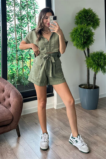 Paris cepli şort takım - Askeri yeşil