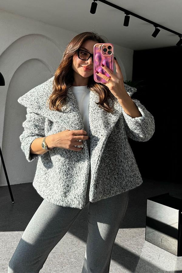 Parsley Gri Kırçıllı Yakalı Mini Kaban