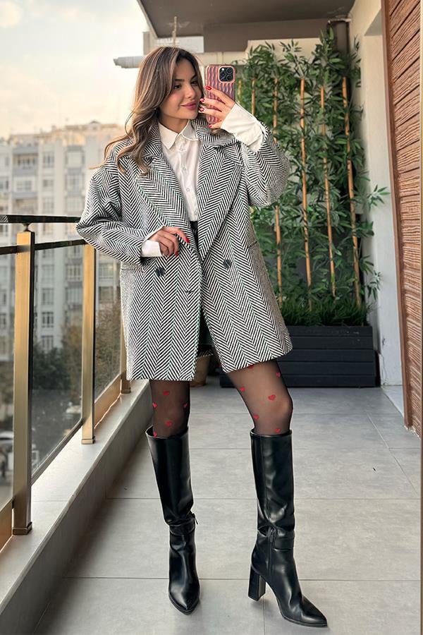 Pash Balık Sırtı Kaşe Kaban - Siyah Çimen