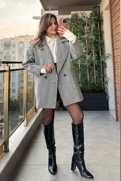 Pash Balık Sırtı Kaşe Kaban - Siyah Çimen