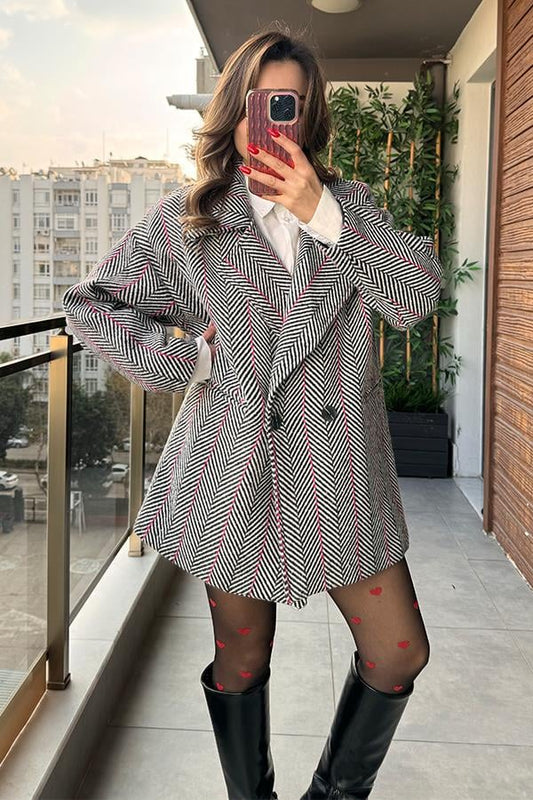 Pash Balık Sırtı Kaşe Kaban - Siyah Pembe