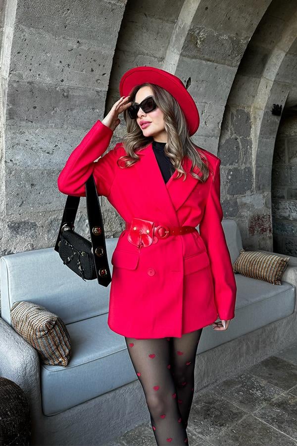 Patrica Kruvaze Kemerli Kaşe Blazer Ceket - Kırmızı