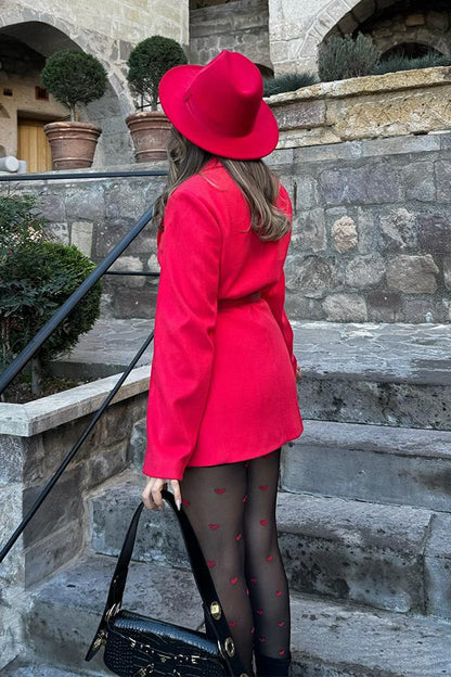 Patrica Kruvaze Kemerli Kaşe Blazer Ceket - Kırmızı