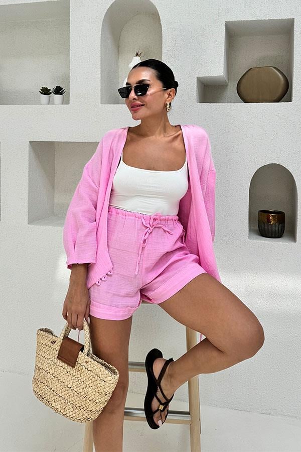 Paty Bağlama Detaylı Müslin Şort Takım - Pembe