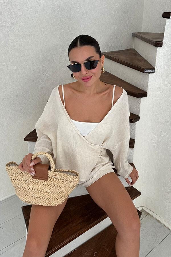 Paty Bağlama Detaylı Müslin Şort Takım - Krem