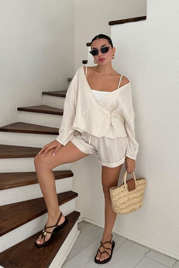 Paty Bağlama Detaylı Müslin Şort Takım - Krem