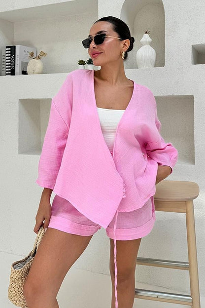 Paty Bağlama Detaylı Müslin Şort Takım - Pembe