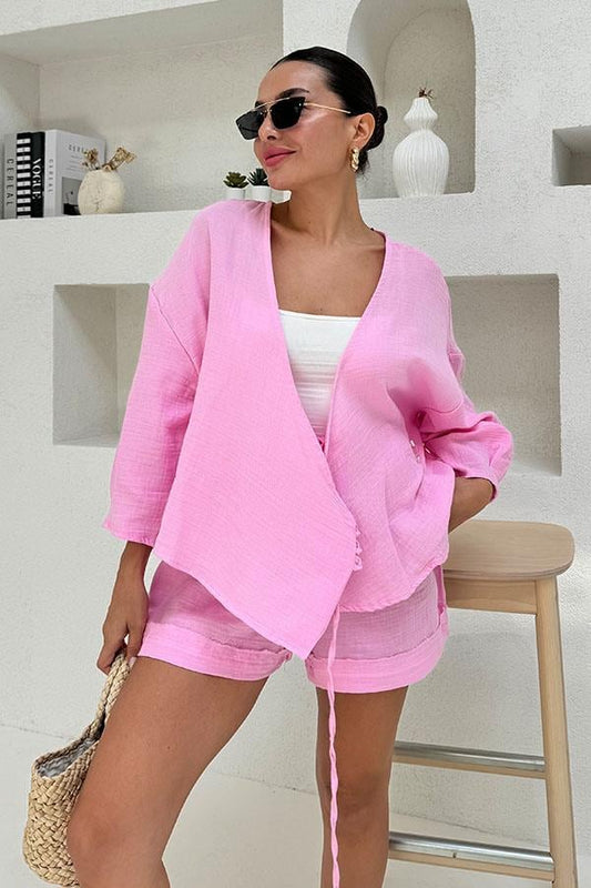 Paty Bağlama Detaylı Müslin Şort Takım - Pembe
