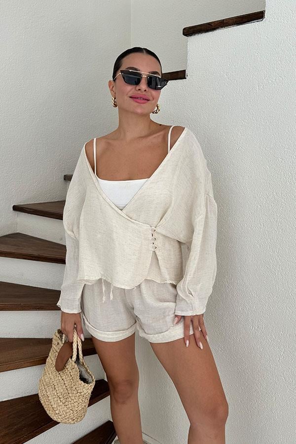 Paty Bağlama Detaylı Müslin Şort Takım - Krem