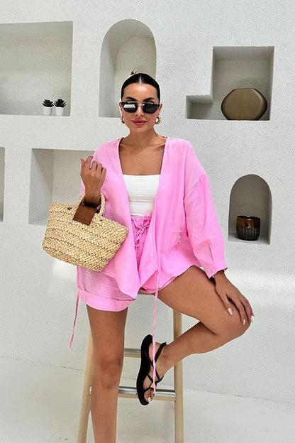 Paty Bağlama Detaylı Müslin Şort Takım - Pembe