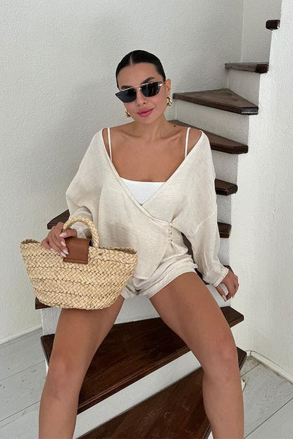 Paty Bağlama Detaylı Müslin Şort Takım - Krem