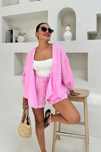 Paty Bağlama Detaylı Müslin Şort Takım - Pembe