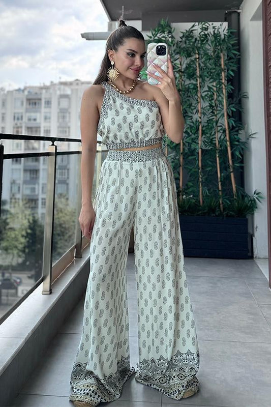 Paul Geniş Paça Desenli Pantolon Crop Takım