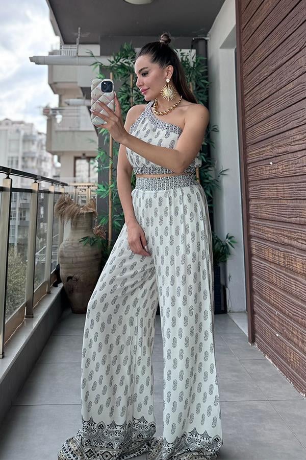 Paul Geniş Paça Desenli Pantolon Crop Takım