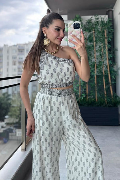 Paul Geniş Paça Desenli Pantolon Crop Takım