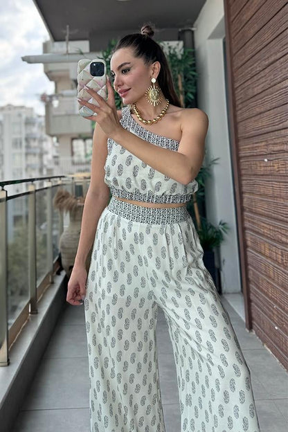 Paul Geniş Paça Desenli Pantolon Crop Takım