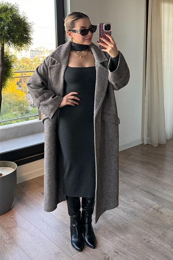 Pearl Balık Sırtı Oversize Kaban - Kahve