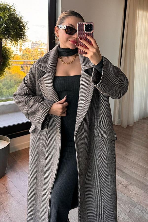 Pearl Balık Sırtı Oversize Kaban - Kahve