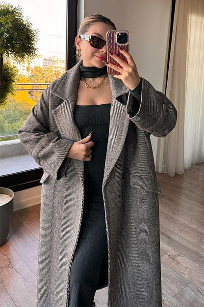 Pearl Balık Sırtı Oversize Kaban - Kahve