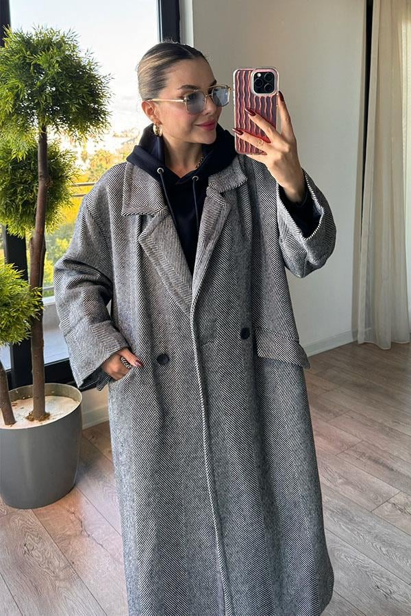 Pearl Balık Sırtı Oversize Kaban - Lacivert