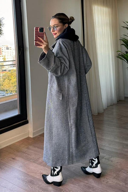 Pearl Balık Sırtı Oversize Kaban - Lacivert