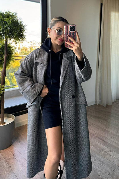 Pearl Balık Sırtı Oversize Kaban - Lacivert