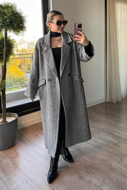 Pearl Balık Sırtı Oversize Kaban - Siyah