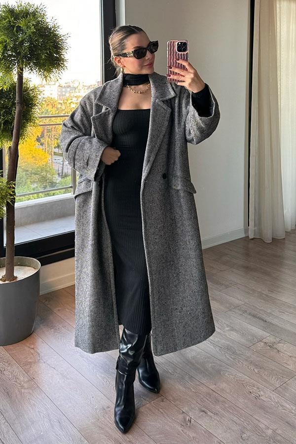 Pearl Balık Sırtı Oversize Kaban - Siyah