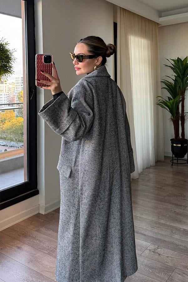 Pearl Balık Sırtı Oversize Kaban - Siyah