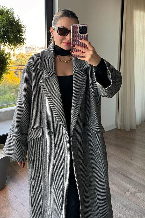 Pearl Balık Sırtı Oversize Kaban - Siyah