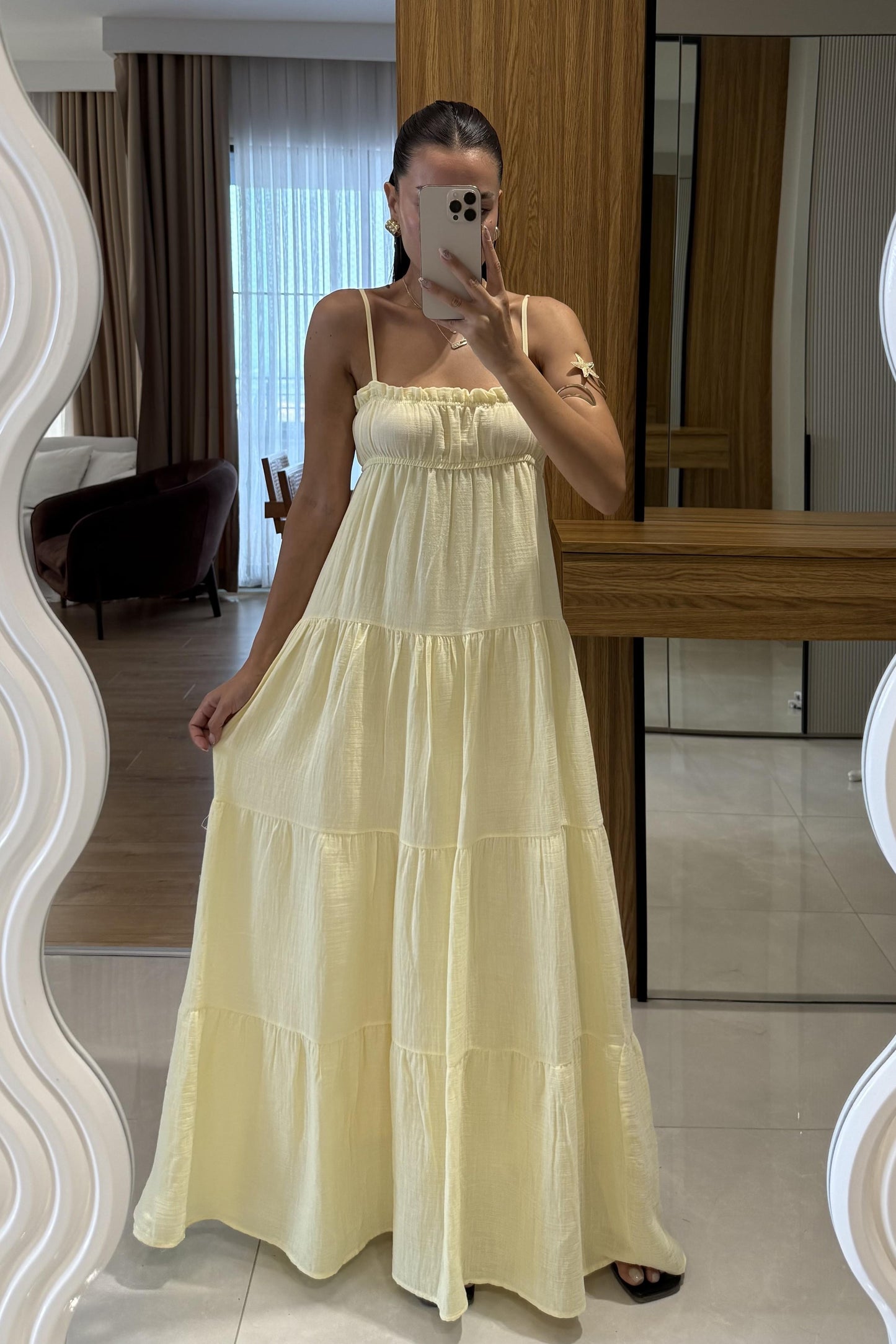 Pedra Sarı Müslin Askılı Çan Elbise