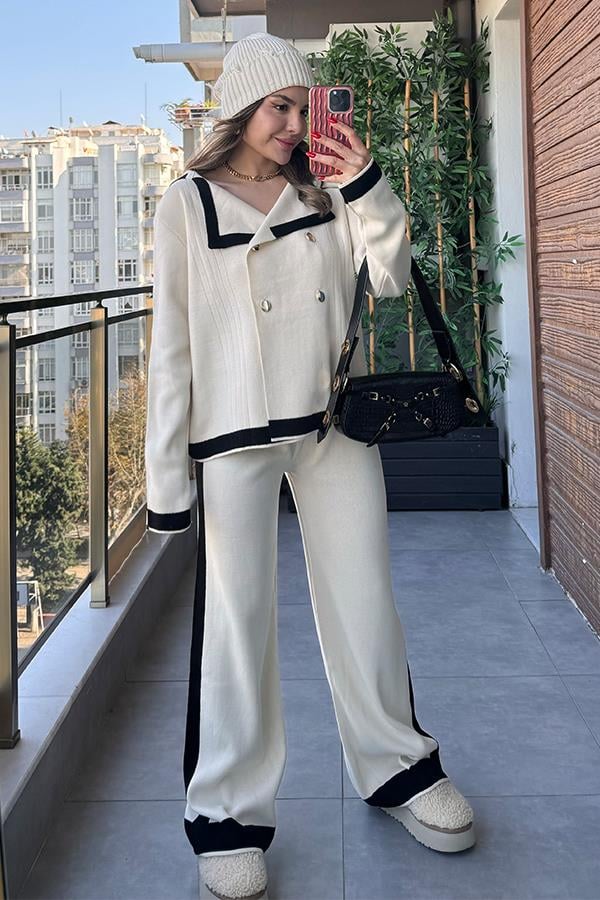 Peggy Şeritli Triko Takım - Krem