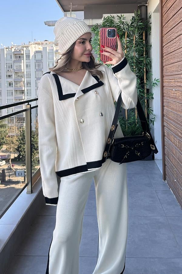 Peggy Şeritli Triko Takım - Krem