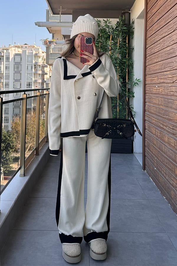 Peggy Şeritli Triko Takım - Krem