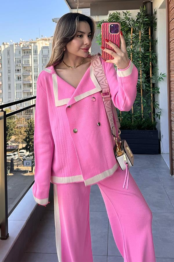 Peggy Şeritli Triko Takım - Pembe