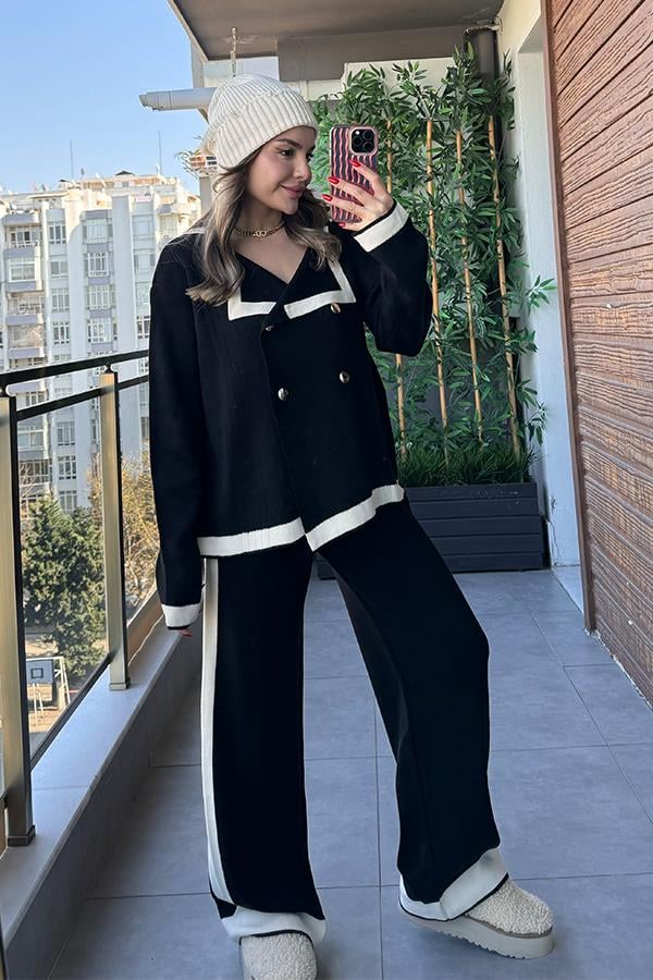 Peggy Şeritli Triko Takım - Siyah