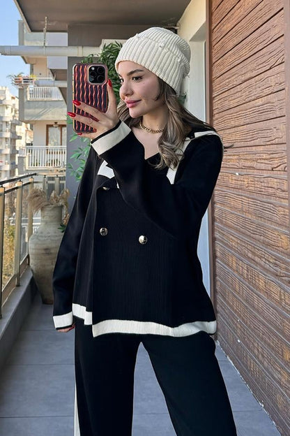 Peggy Şeritli Triko Takım - Siyah