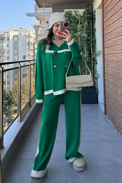 Peggy Şeritli Triko Takım - Yeşil