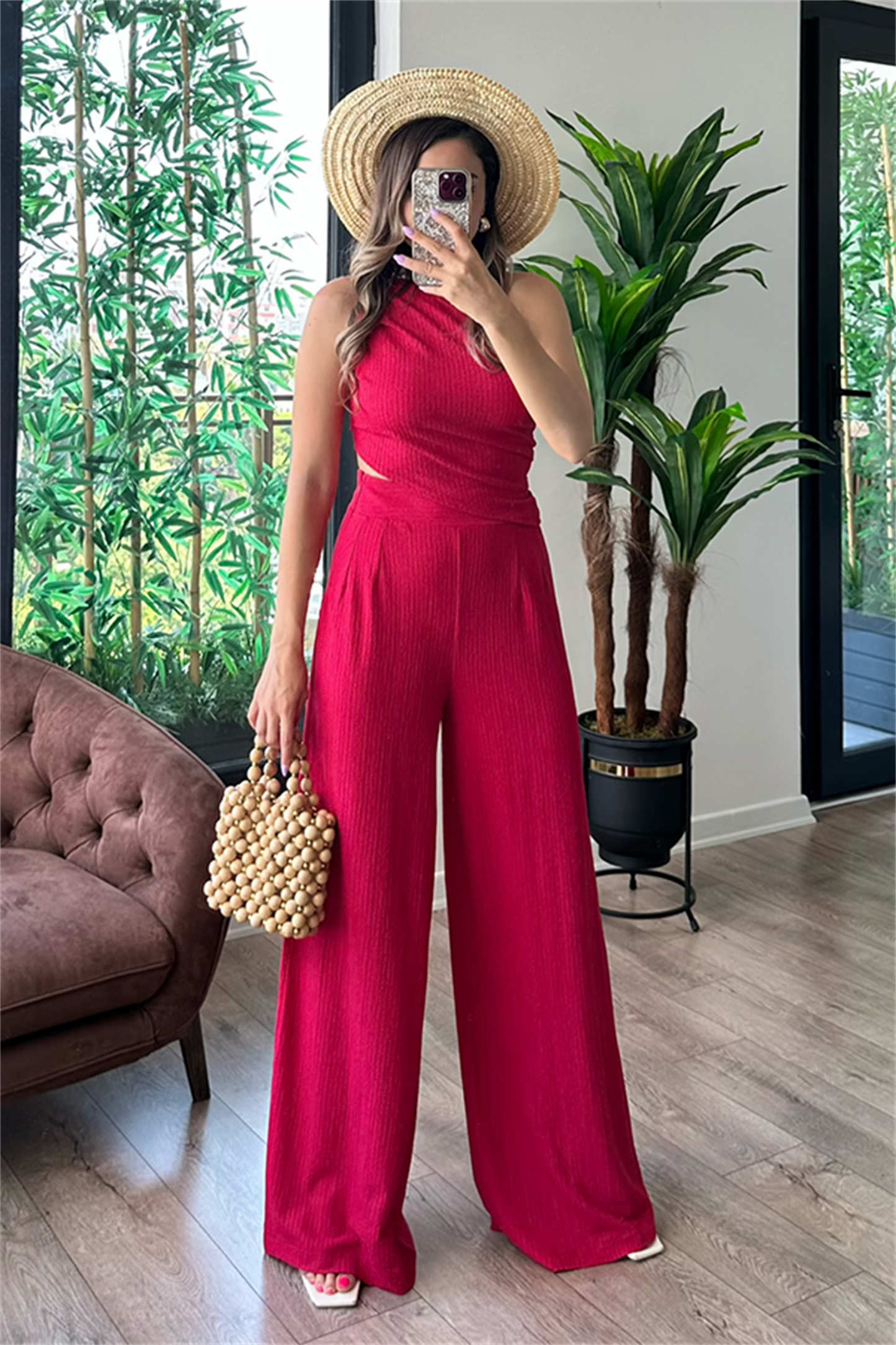 Peggy tek omuz kırinkıl fuşya takım