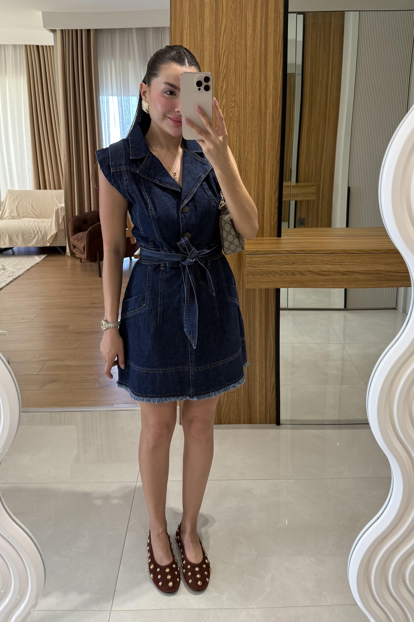 Pella Darkblue Kuşaklı Denim Elbise