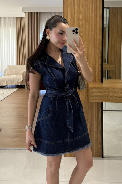 Pella Darkblue Kuşaklı Denim Elbise