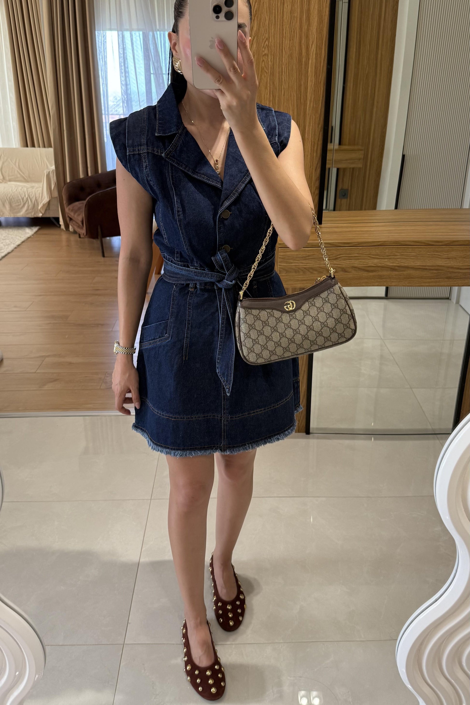 Pella Darkblue Kuşaklı Denim Elbise