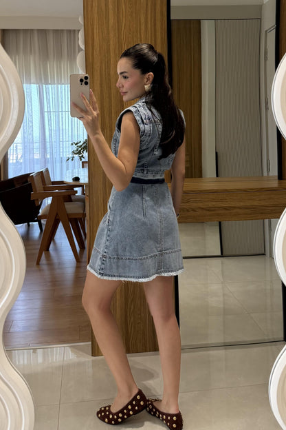 Pella Lightblue Kuşaklı Denim Elbise