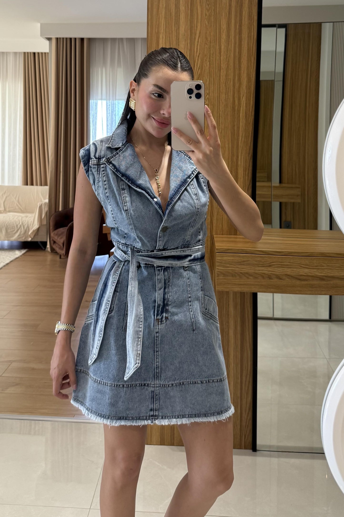 Pella Lightblue Kuşaklı Denim Elbise