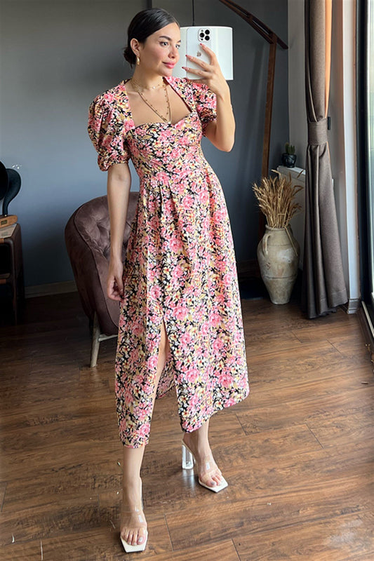 Pembe çiçekli balon kol keten elbise