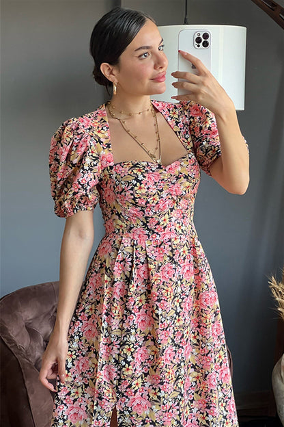 Pembe çiçekli balon kol keten elbise