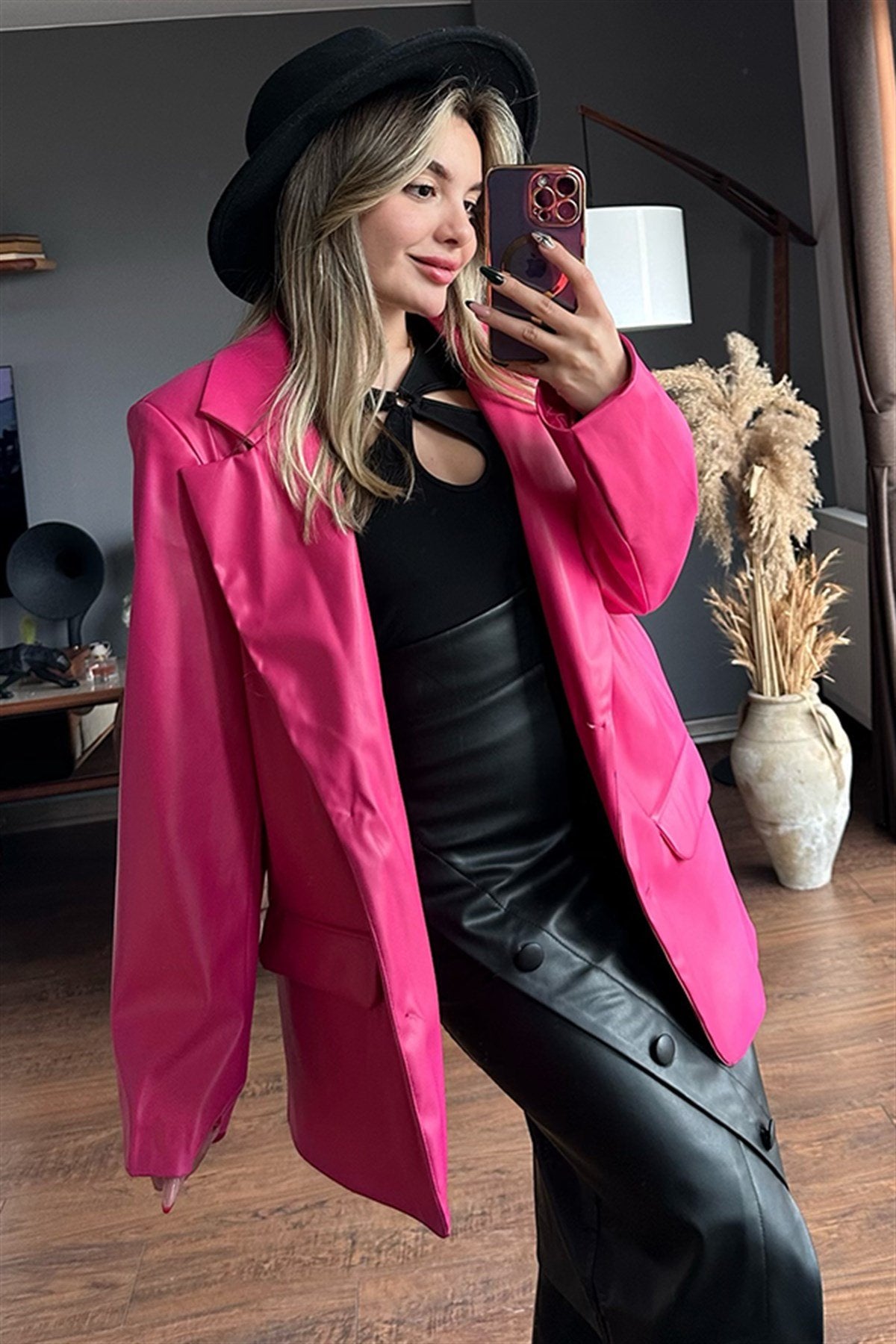 Pembe deri blazer ceket