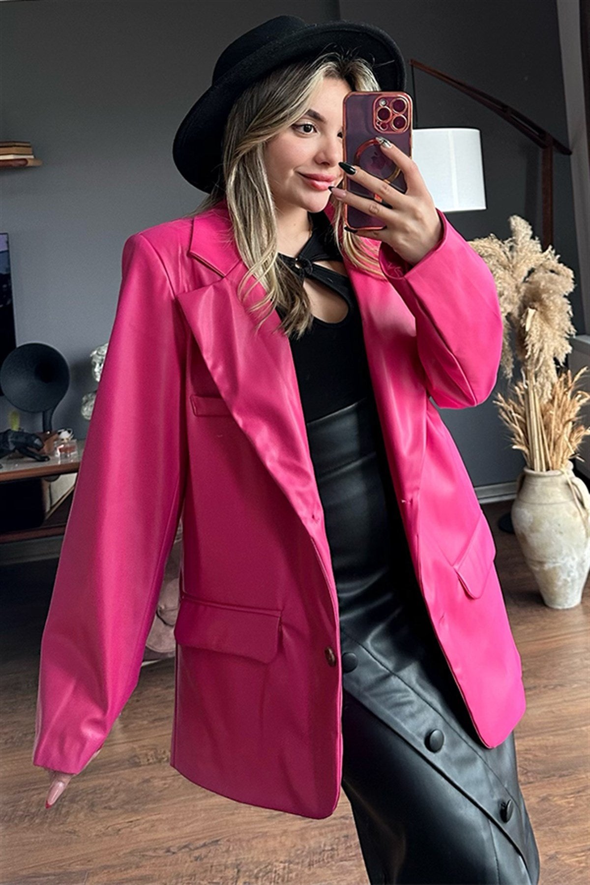Pembe deri blazer ceket