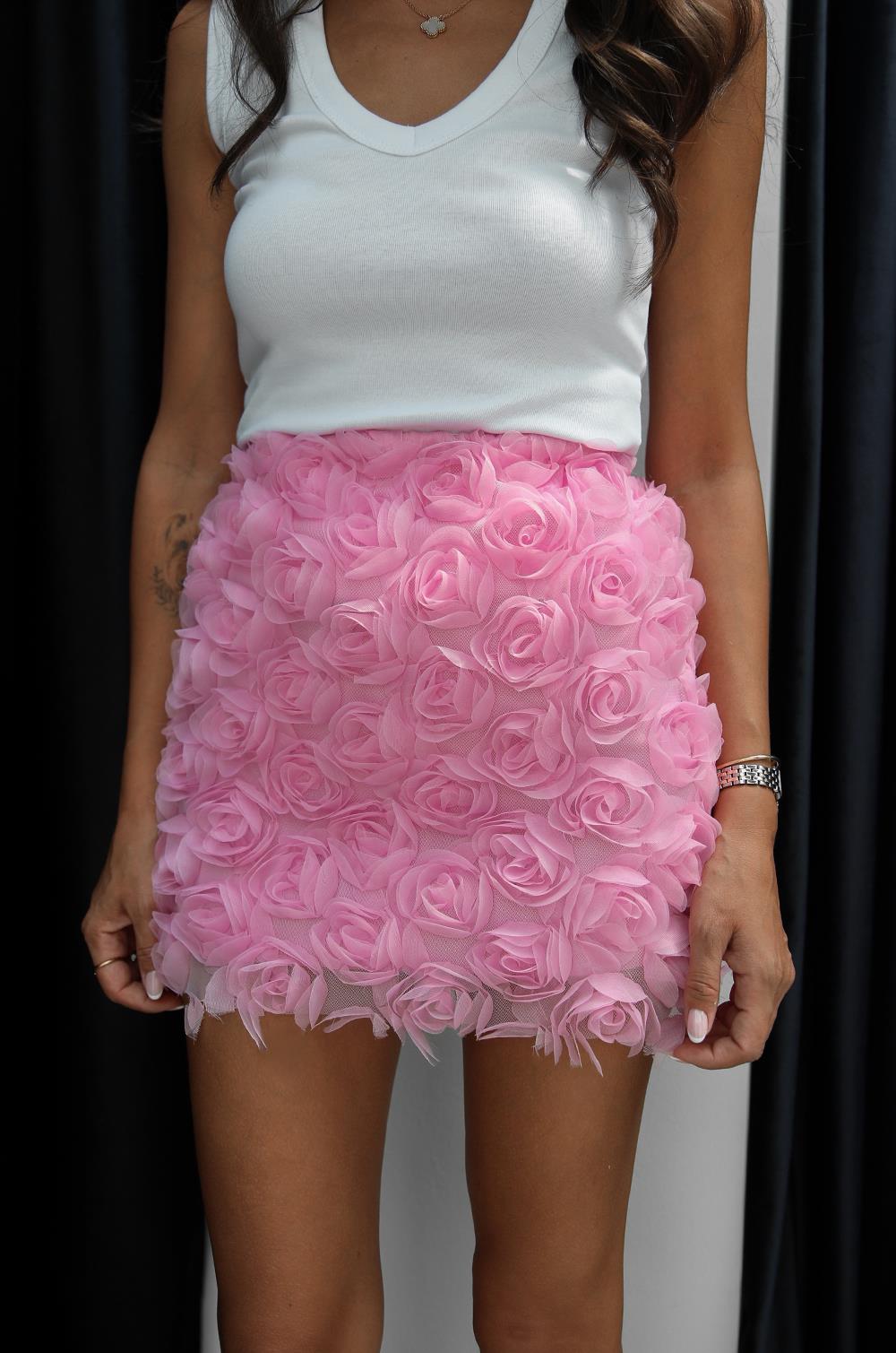 PEMBE KABARTMA GÜL DETAYLI MINI ETEK